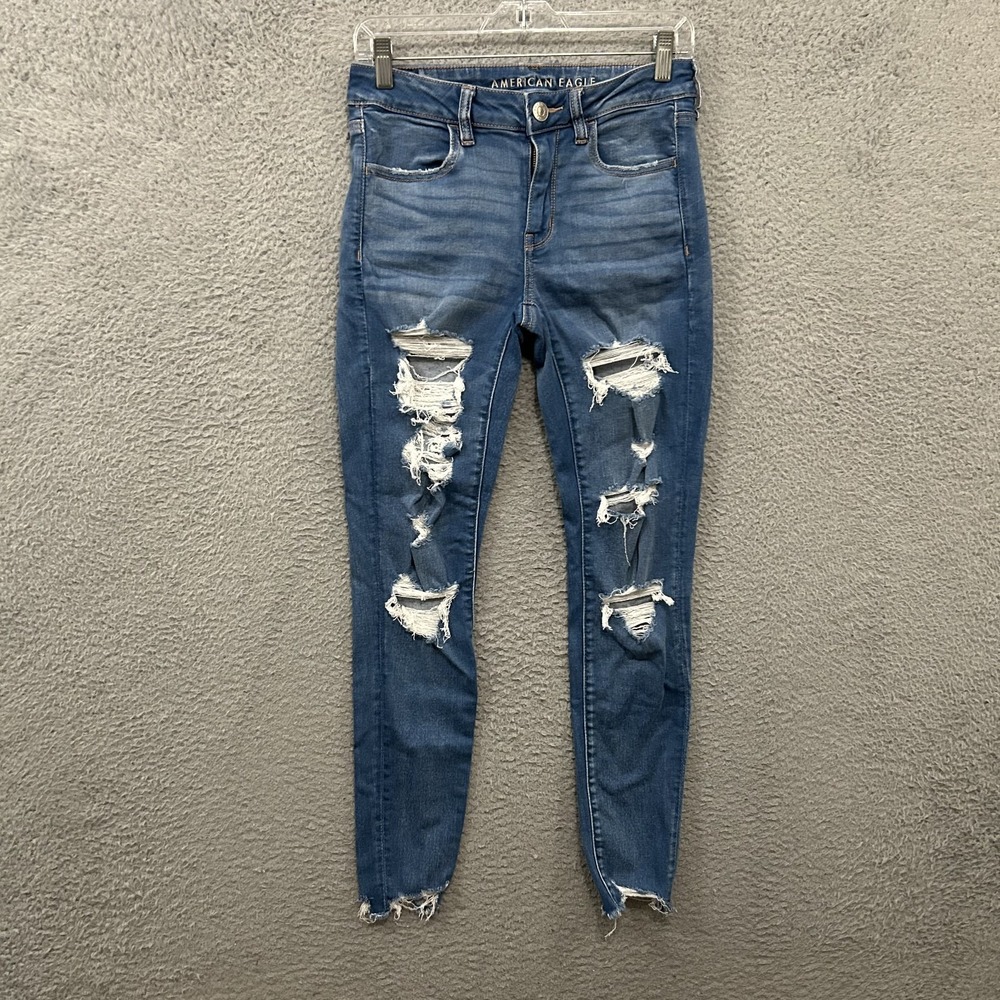 American Eagle Jeans Womens 6 Blue Denim Jegging Stretch Distressed Light Wash
